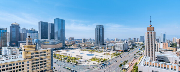 Naklejka premium High angle urban scenery of Xinhua Square in Hohhot, Inner Mongolia, China