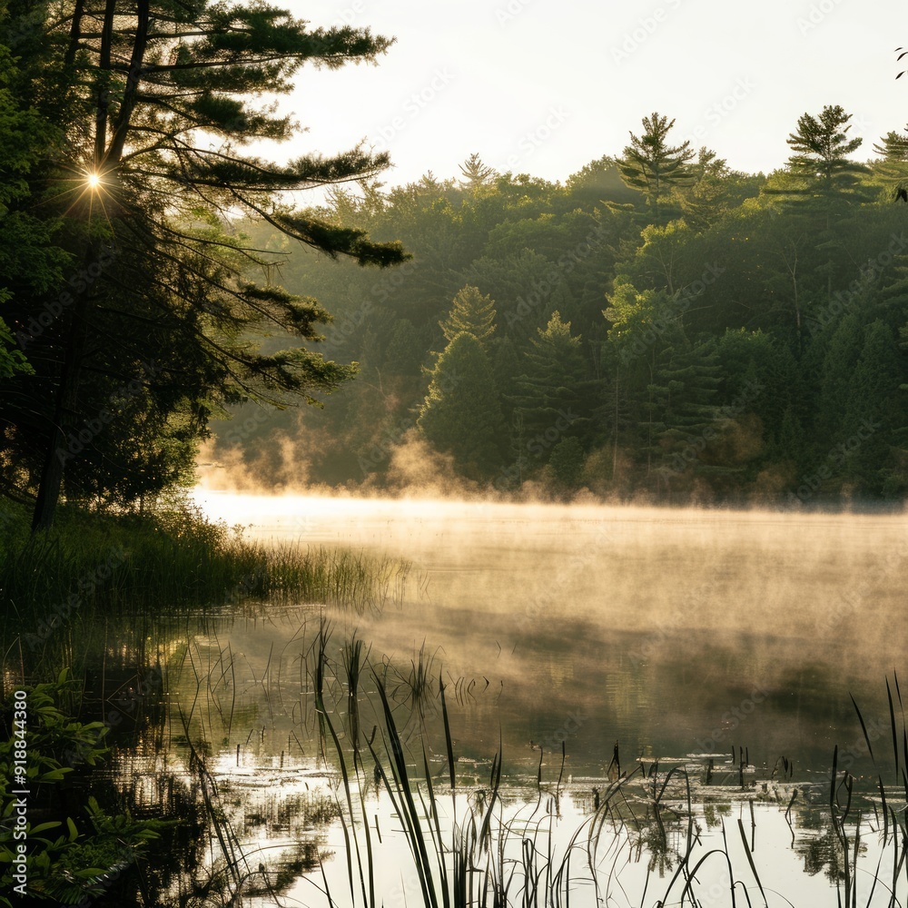 Sticker Misty morning sunrise over tranquil lake.