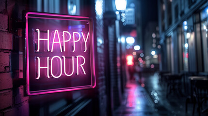 A vibrant neon sign displaying happy hour lights up a wet alley, inviting patrons on a lively night filled with activities and nightlife, copy space