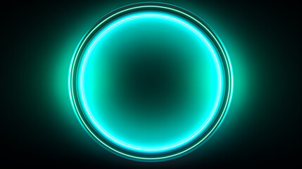 Fototapeta premium A glowing circular shape radiates a neon blue light against a dark backdrop, creating a striking visual effect, copy space
