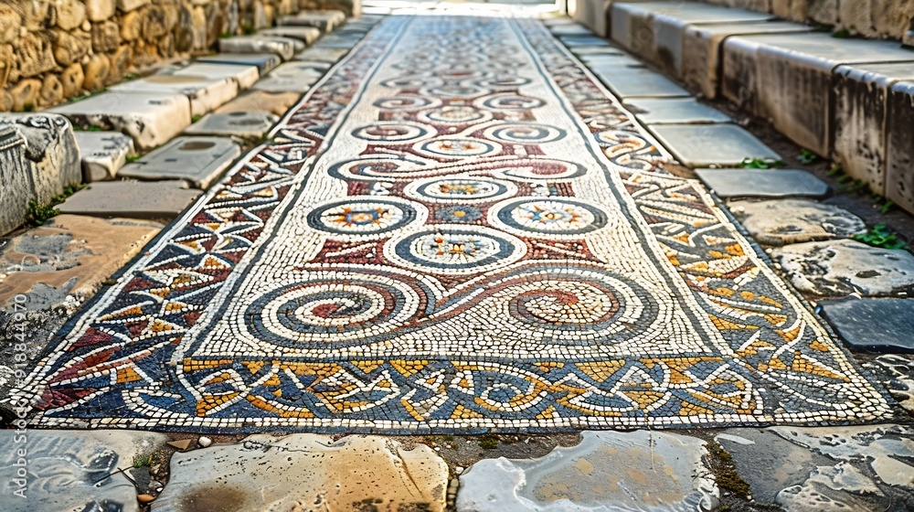 Poster ancient mosaic floor regular pattern from laodicea church with geometric design denizli turkey turki