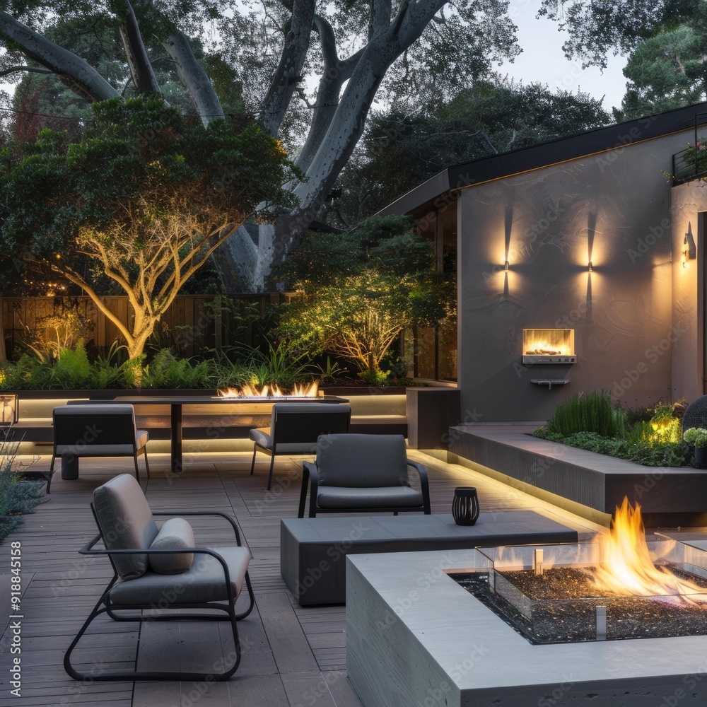 Sticker Modern backyard patio with fire pit, seating, and landscaping.