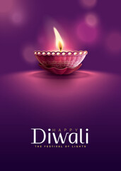 Happy Diwali festival with oil lamp, Rangoli decoration with Diya, Diwali holiday Background with rangoli, Diwali celebration greeting card,vector.