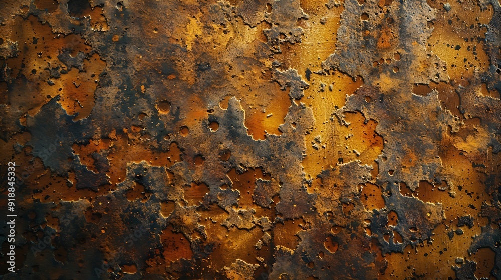Poster orange rust stains on weathered steel plate or top view yellow iron table and old brown metal wall f
