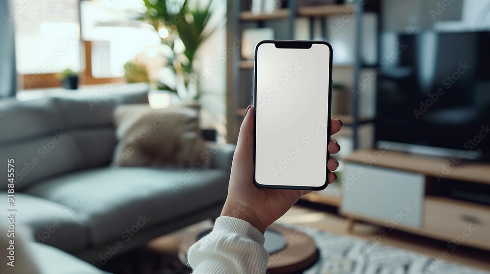 Poster mockup image of a woman holding and using mobile phone with blank desktop white screen at home : gen