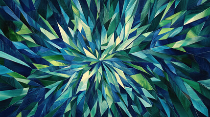 This is an abstract artwork featuring a dynamic composition of angular, interlocking shapes that radiate outward from the center. The color palette is predominantly cool hues of blue and green, with o