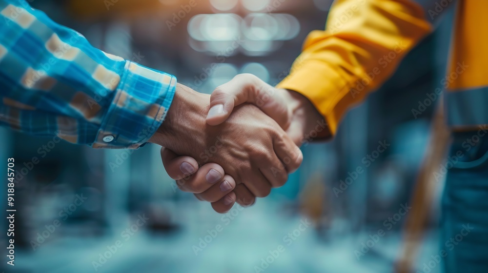 Leinwandbilder construction workers architects and engineers shake hands while working for teamwork and cooperation