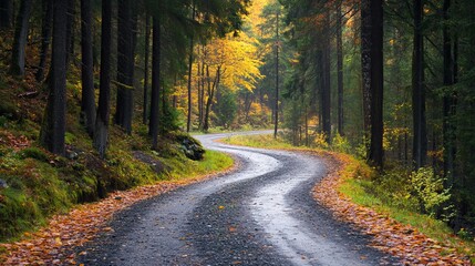 Fototapeta premium The road meandering through the forest beside a river on a sunny day offers a serene and picturesque scene. 