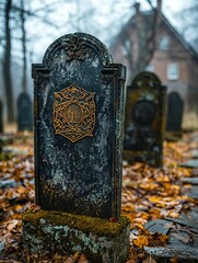 A black tombstone with a gold emblem on it in a cemetery