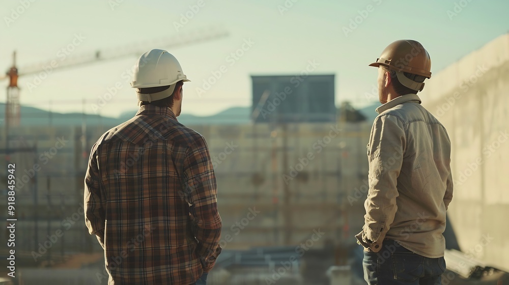 Poster Engineer and foreman worker checking project at precast factory site Engineer and builders in hardhats discussing on construction site : Generative AI