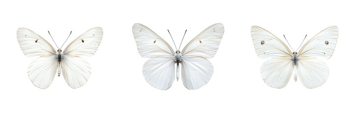 Set of A close-up of a luminous white butterfly with intricate wing patterns isolated on transparent background