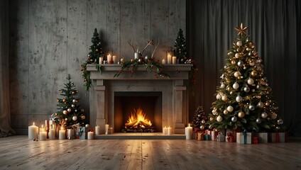 Fototapeta premium Christmas Winter Decoration Interior Background, 3d Rendering