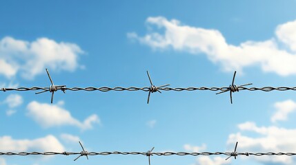 Barbed wire stretches across the frame, its sharp, twisted strands silhouetted against a vast sky. 