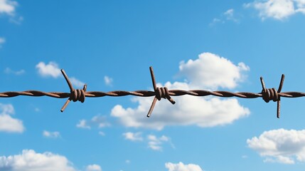 Barbed wire stretches across the frame, its sharp, twisted strands silhouetted against a vast sky. 