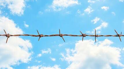 Barbed wire stretches across the frame, its sharp, twisted strands silhouetted against a vast sky. 