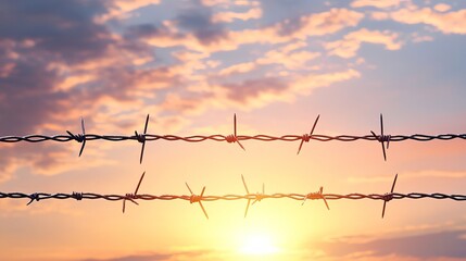 Barbed wire stretches across the frame, its sharp, twisted strands silhouetted against a vast sky. 