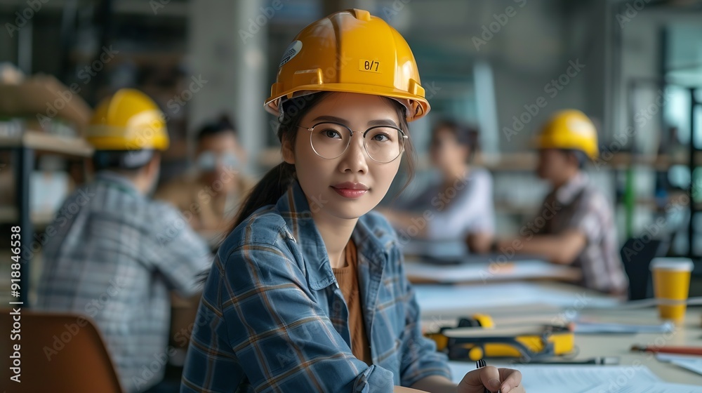 Aufkleber diverse engineer team working at the office table with construction plans and architect equipment an