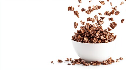 Chocolate corn flakes are mid-air as they fall into a white bowl, creating a dynamic sense of motion