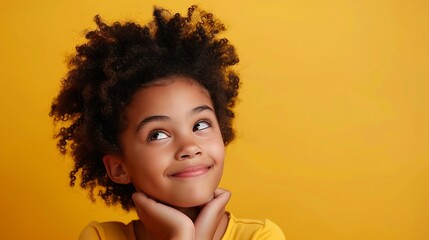 Pensive smiling African American girl isolated on yellow studio background look at copy space aside Happy biracial teen child consider good sale deal or promotion offer Advertising con : Generative AI