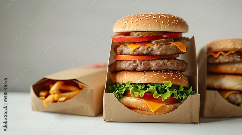 Aufkleber stack of fast food boxes on white background : generative ai