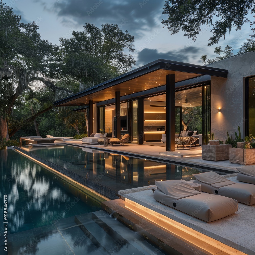 Wall mural Modern home with pool and lounge chairs at dusk.