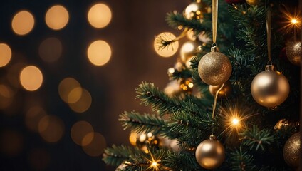 Obraz premium Christmas tree background with gold blurred light 