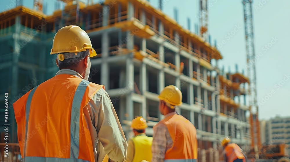 Poster a team of construction engineers talks to managers and construction workers at the construction site