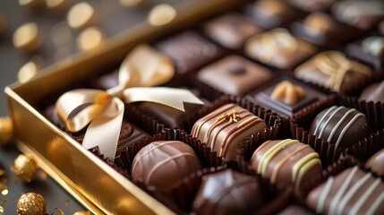 Premium date chocolates and a golden gift box with ribbon Gourmet datechocolates gift pack Gift ideas for Eid celebration : Generative AI