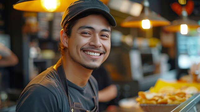 Fast Food Vendor Smiling from Behind the Counter Restaurant employee working serving customers : Generative AI