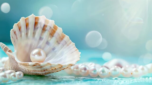 A delicate seashell with pearls on a blue background.