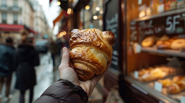 an hand holding a Pain au Chocolat in the streets of Paris  french patries : Generative AI