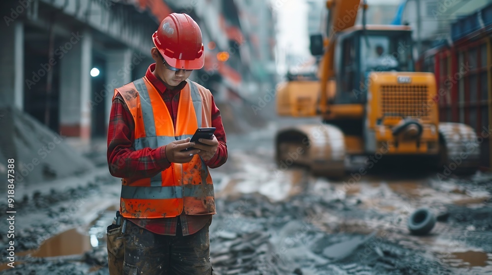 Poster construction engineer using mobile smart phone on site during inspection selective focus : generativ