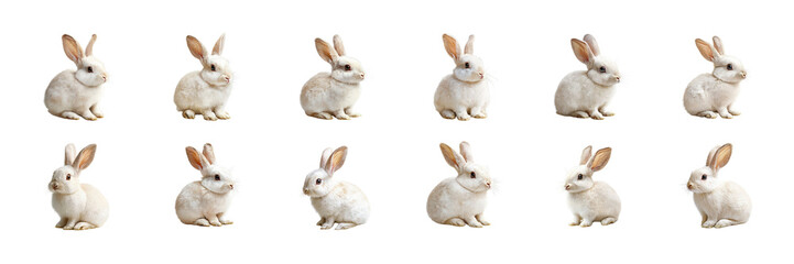 Fototapeta premium Set of A cute, realistic rabbit sitting still on a pristine white background, showcasing its soft fur and gentle expression isolated on transparent background