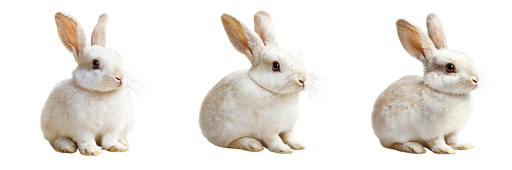 Obraz premium Set of A cute, realistic rabbit sitting still on a pristine white background, showcasing its soft fur and gentle expression isolated on transparent background