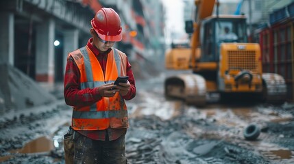 Construction engineer using mobile smart phone on site during inspection selective focus : Generative AI
