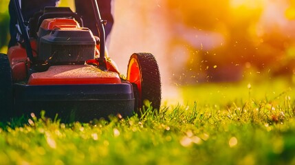 Fototapeta premium A man mowing the grass with a lawnmower