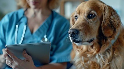 Woman vet and hands with tablet for research on animal medicine study or browsing at clinic Closeup of female person or veterinarian scrolling on technology for medical search or pet t : Generative AI