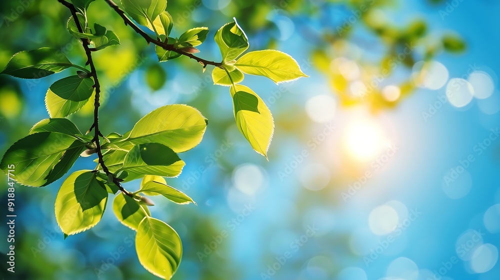 Aufkleber Tree branch with leaves in front of blue sunny sky Summer background with copy space : Generative AI