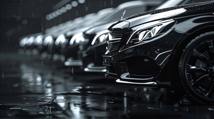 Black sedan cars standing in a row Fleet of generic modern cars Transportation Luxury car fleet...