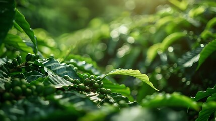 Detail of green coffee beans in a plantation in Brazil : Generative AI