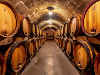 A long row of barrels filled with wine