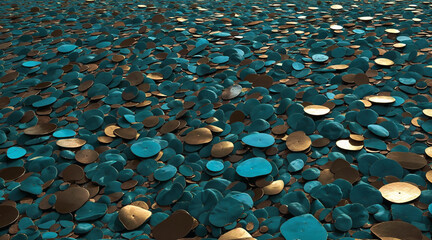 Obraz premium A blue and gold field of small, shiny, round objects