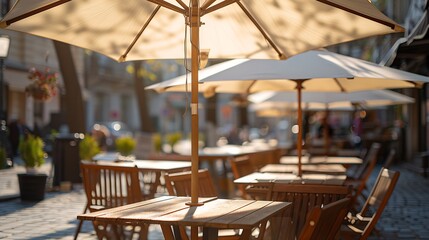 Large sun umbrellas in a street restaurant on a sunny day : Generative AI