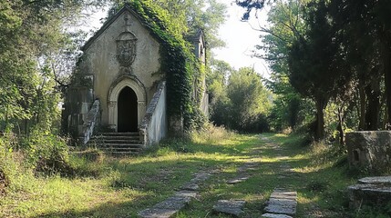 Obraz premium An overgrown ancient church in Krk, Croatia, evokes a sense of history and mystery.