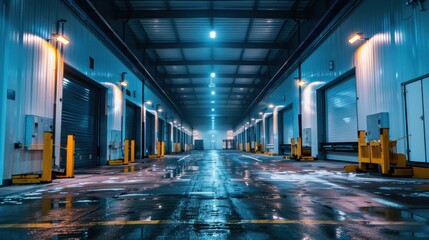 A large warehouse with yellow poles and lights