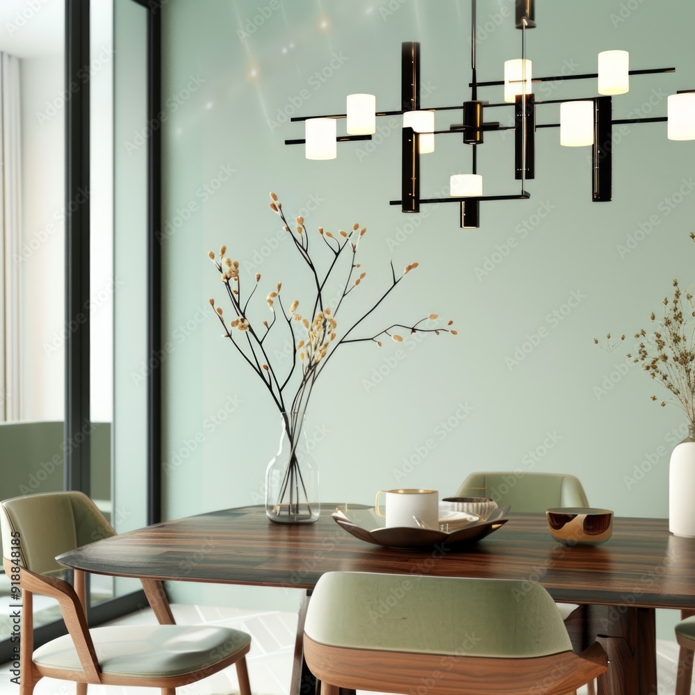 Sticker Modern dining room with minimalist decor and a green wall.