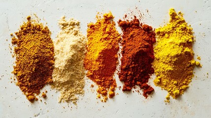 A variety of spices are arranged in a row on a white surface