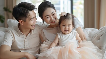 Happy parents and girl playing on sofa for fun with support care and love in living room Home smile and family together with kid with tutu skirt on couch for bonding growth or child de : Generative AI