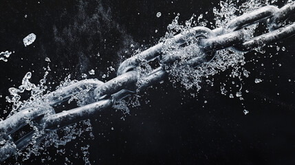 A close-up view of an interlinked metal chain splashed with water against a black background. The metallic links are large and robust, displaying a chrome-like texture with water droplets and bursts o