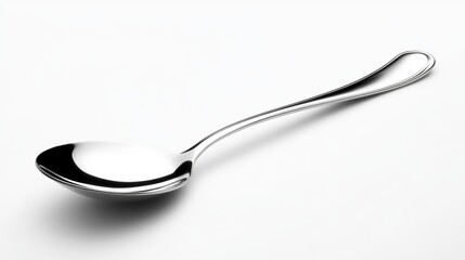 A single clean, shiny spoon is isolated against a white background. Its polished surface reflects light, highlighting its sleek curves and the delicate sheen of its stainless steel or silver material.